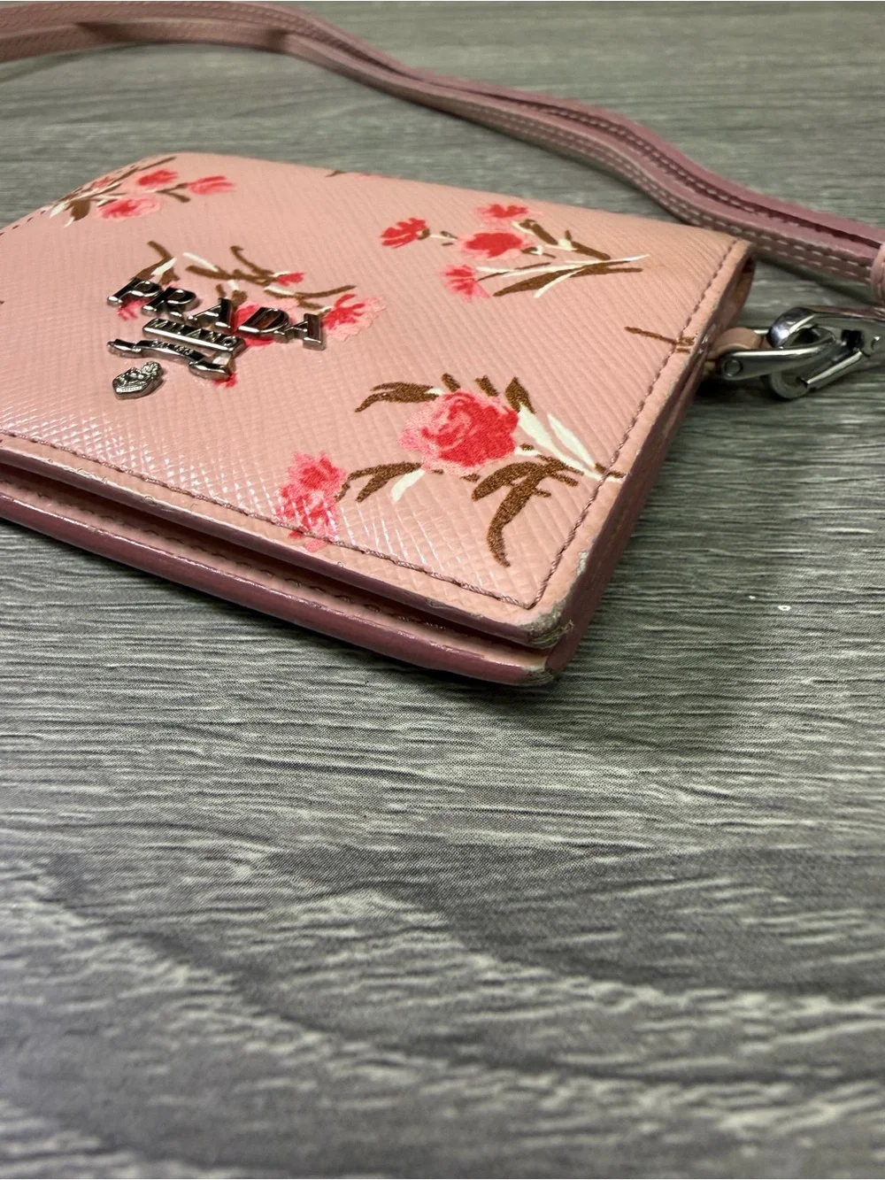 Prada Pink Floral Card Wallet with Lanyard Strap
